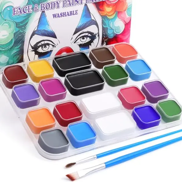 BOBISUKA 18-Color Water-Activated Cream Face Paint Palette, Washable Face & Body Painting Kit with Extra Black & White Pans, Brushes for Halloween, Cosplay