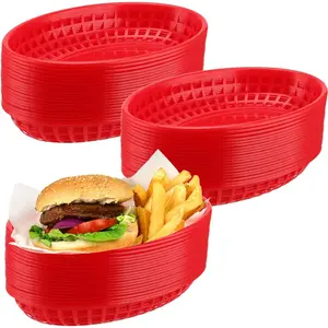 60 Pack Red Plastic Oval Fast Food Baskets - 9x5.7x1.6 Inch, Perfect for Picnic, Deli Serving, Chicken, Burgers and Fries