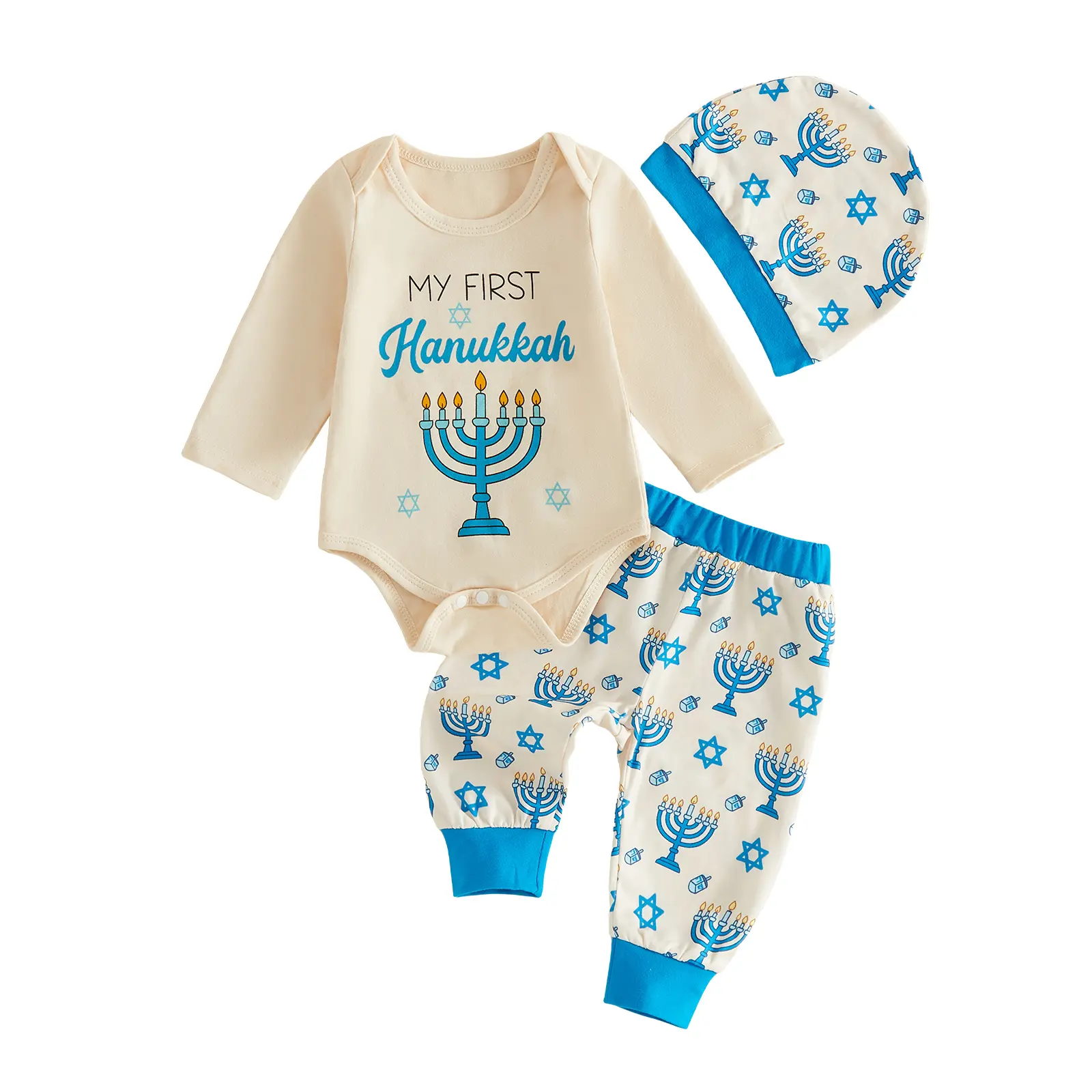 Meihuida Newborn Baby Boy First Hanukkah Outfits Dreidel Menorah Print Romper Pants Hat Set Fall Winter Clothes 0-6 Months