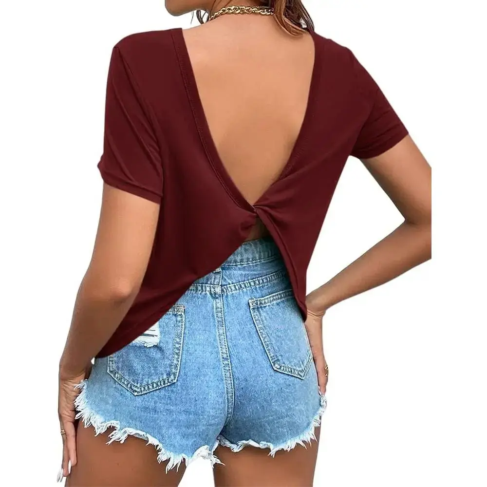 Women's Twist Backless Short Sleeve T-Shirt - Round Neck, Curved Hem, Breathable Lightweight Soft Top for Work, Travel, Everyday Wear, Tshirt
