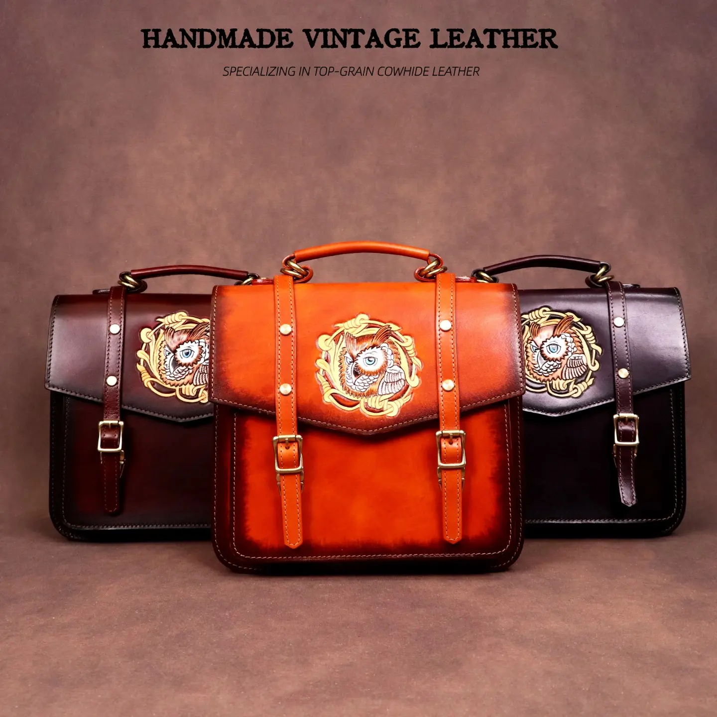 Artisan Owl Embossed Full Grain Leather Satchel Adjustable Crossbody Shoulder Handbag