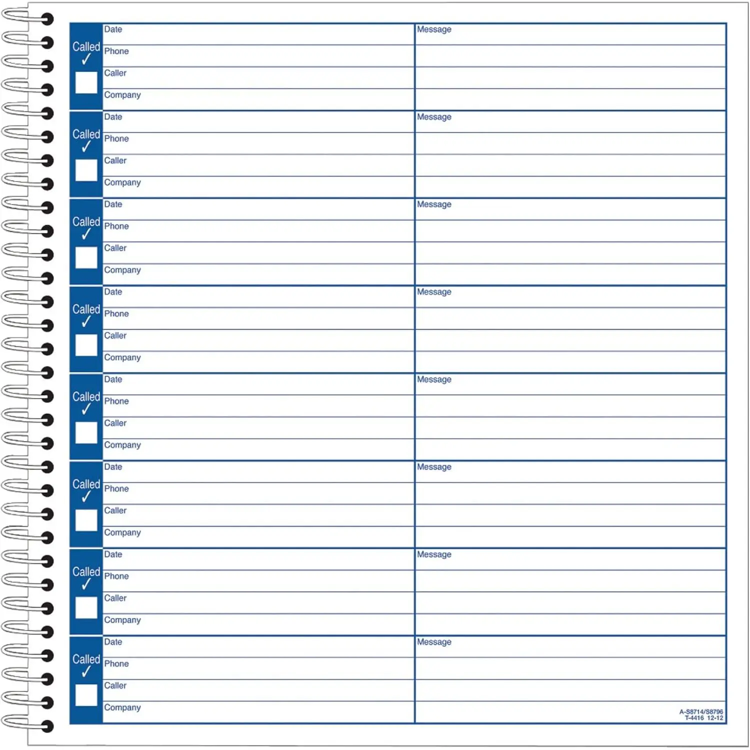 Voice Mail Log, 8 1/4 x 8 1/2 Inch, Spiral Bound, 120 Forms per Book, White (S8796)
