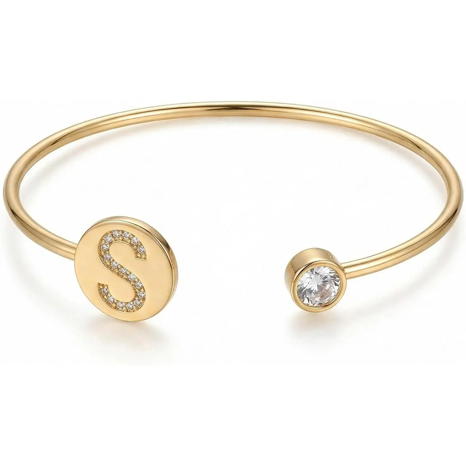 Plated Initial Cuff Bangle Bracelet for Women,  Statement Cubic Zirconia Open Letter Bracelets Summer Fashion