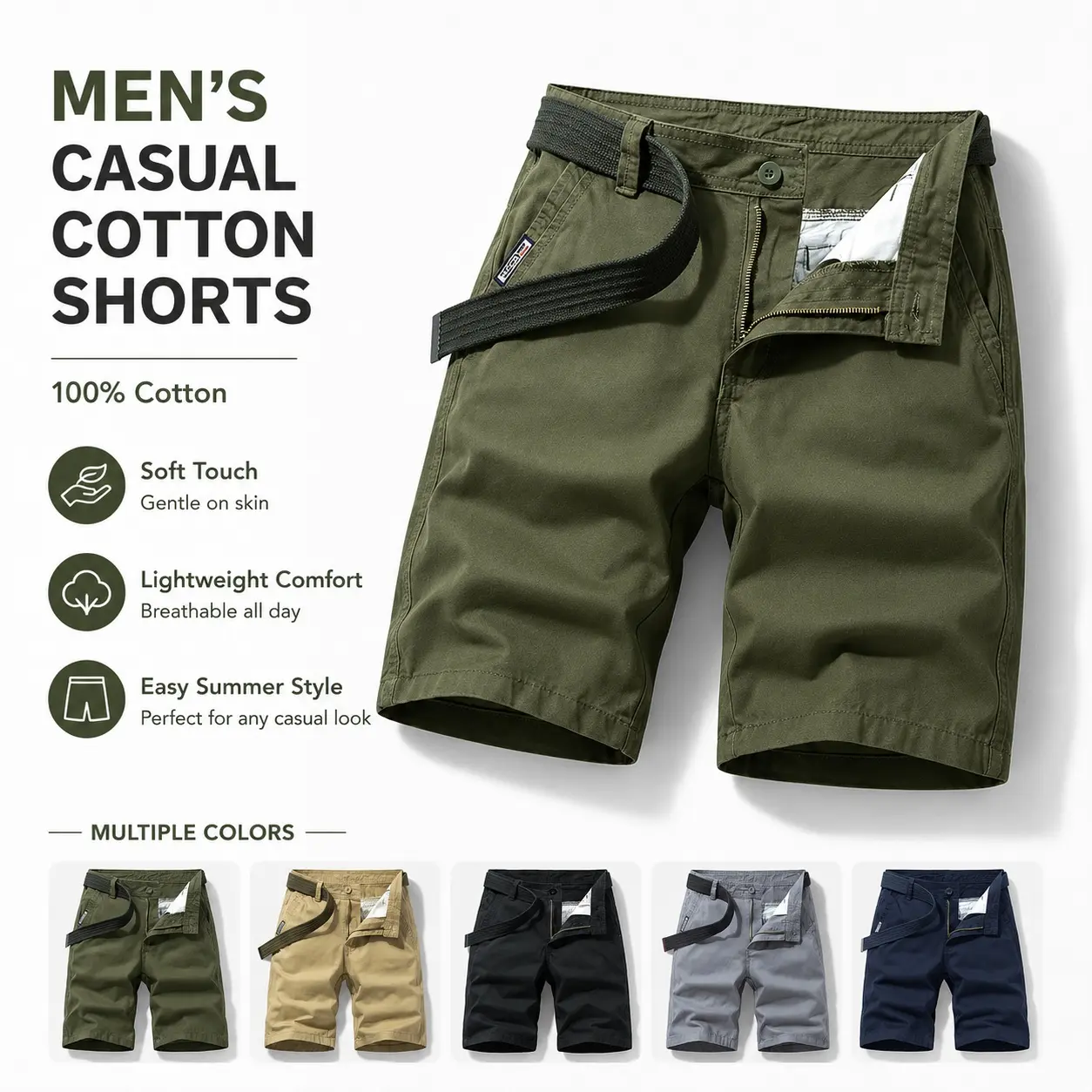 Men’s 3-Pack 100% Cotton Simple Plain Summer Casual Knee-Length Shorts with Belt, Pockets for Everyday Menswear Outfits, Shirt-Inspired Design, Hoodie, Valentines Day, Short Pants, Button, Pocketed, Foldable, Elastic Waist, Loose-Fit, Basic capri