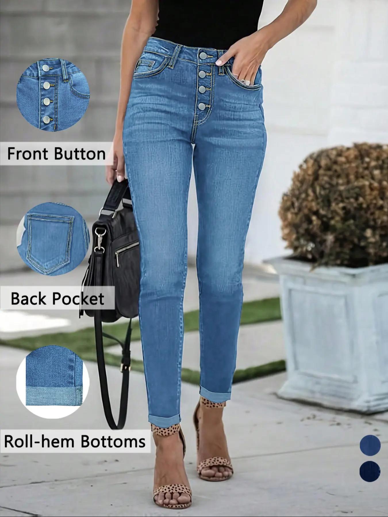 Women's Plain Button Fly Skinny Cropped Jeans, Casual Pocket Design Denim Trousers for Daily Wear, Ladies Bottoms for All Seasons