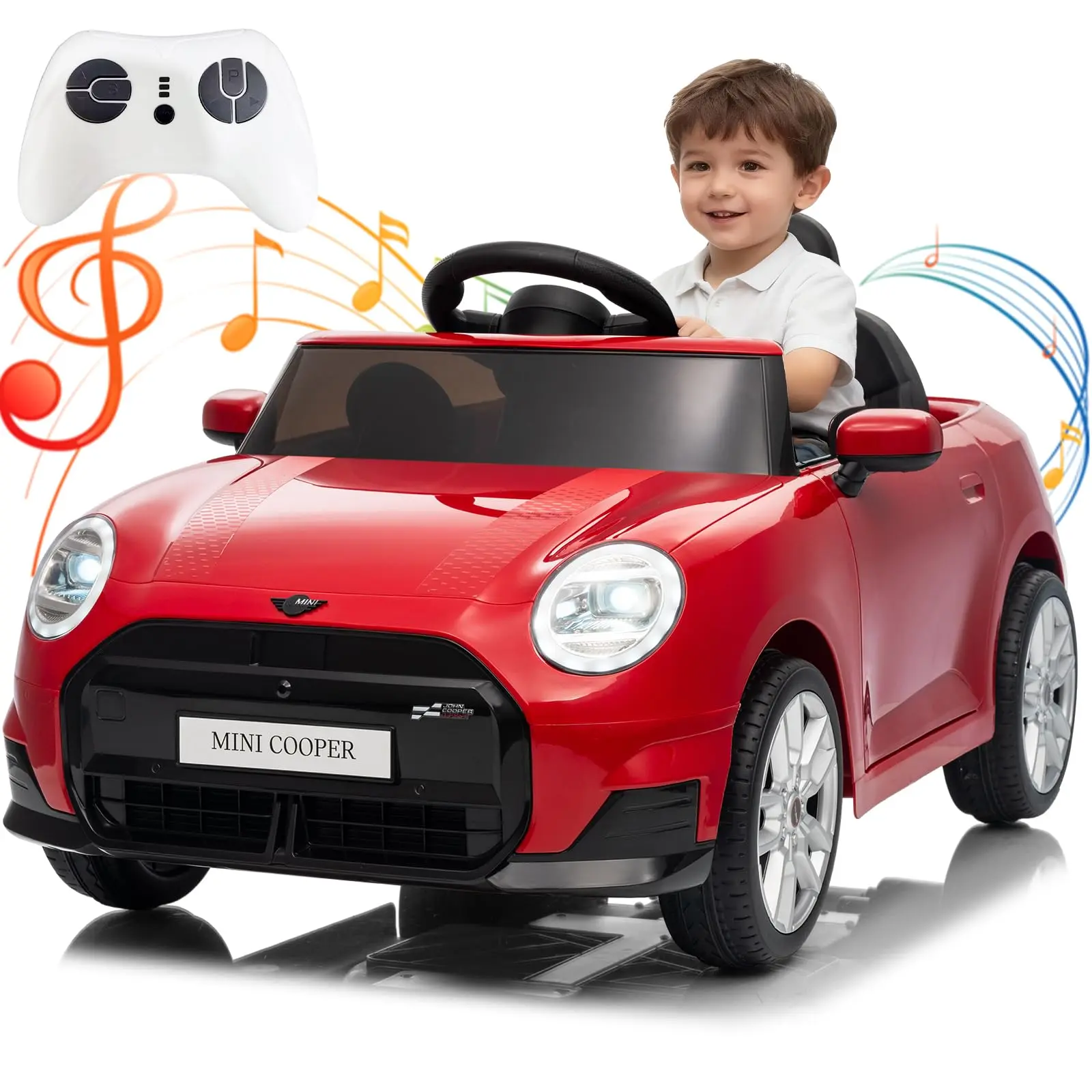 Official Licensed 12V Mini Cooper Kids Electric Ride On Car, Manual & Parental Remote Dual Control, Working LED Headlights, Rechargeable Battery Toddler Toy Car for 3-8 Years Old