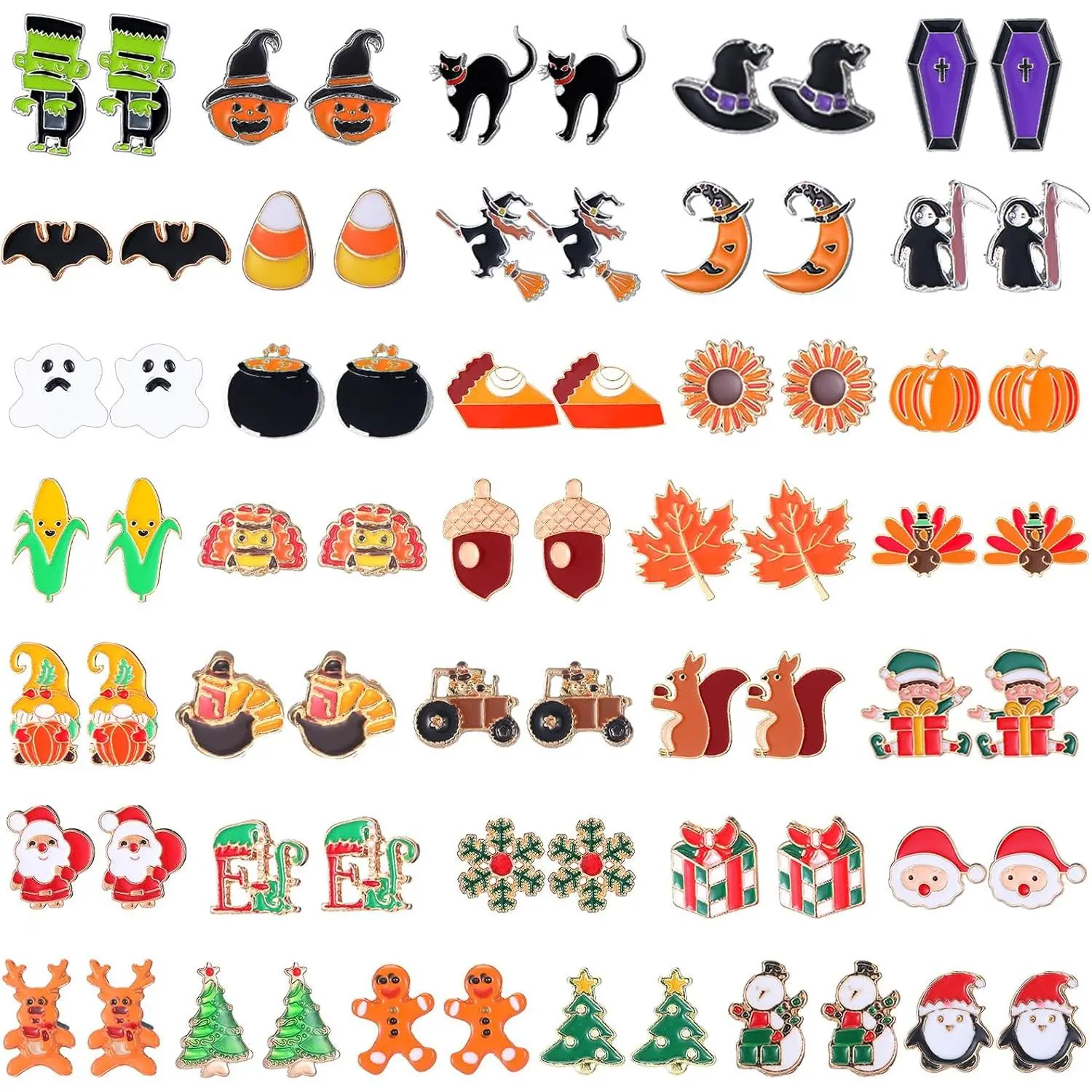 36 Pairs Holiday Stud Earrings for Women, Alloy Metal Set with Festive Icons for Halloween, Thanksgiving, Christmas Party Favors, Holiday Events, Lightweight Studs