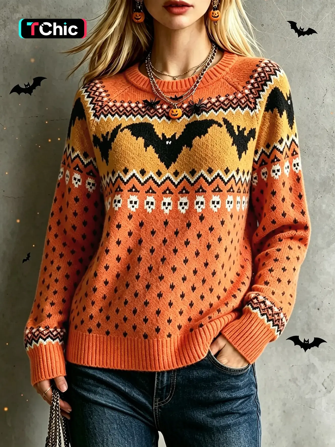 Women's Halloween Orange Bat Skeleton Jacquard Round Neck Retro Contrast Polka Dot Loose Lazy Long Sleeve Knit Pullover Top – Holiday Outing Versatile