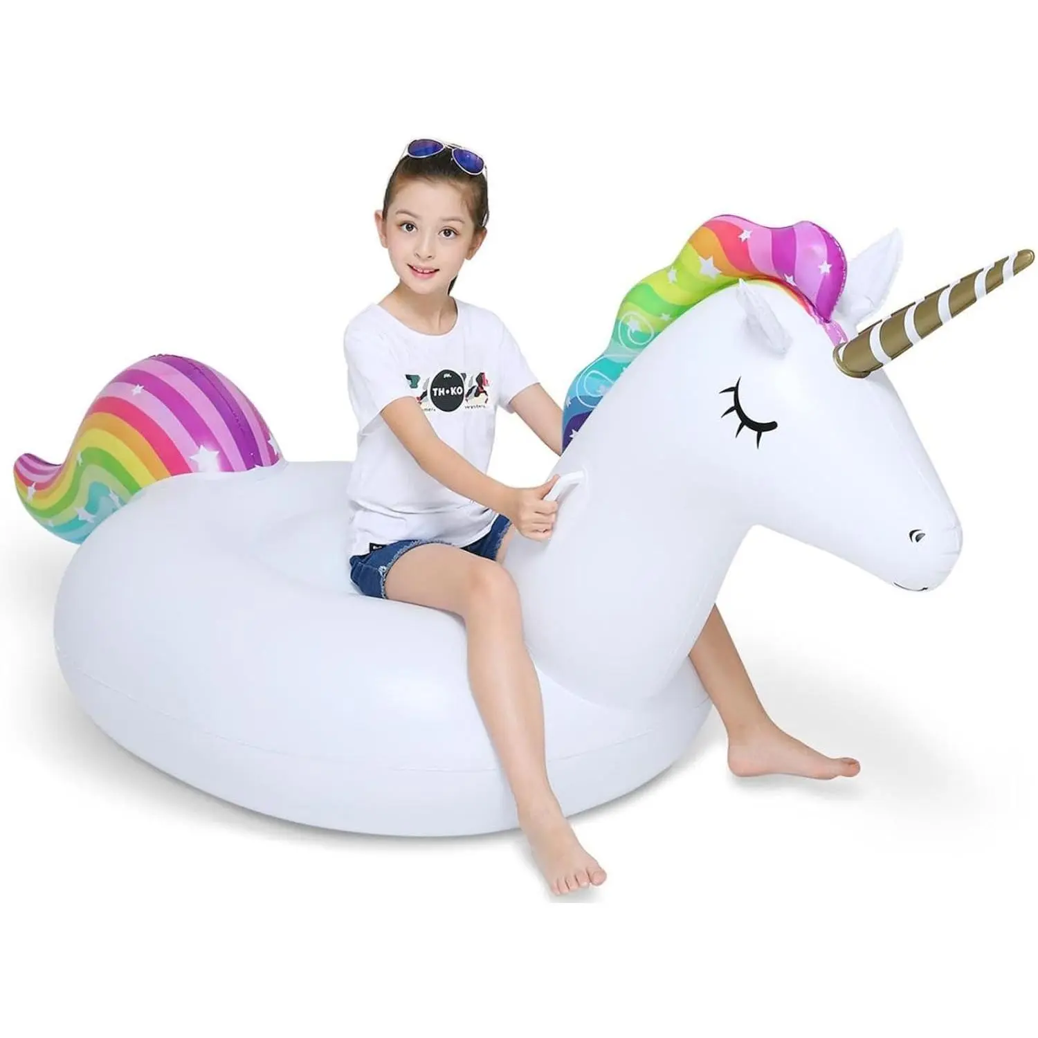 Big Inflatable Unicorn Pool Float Ride On with Fast Valves - Large Blow Up Summer Beach Pool Party Lounge Raft Decorations for Kids Adults