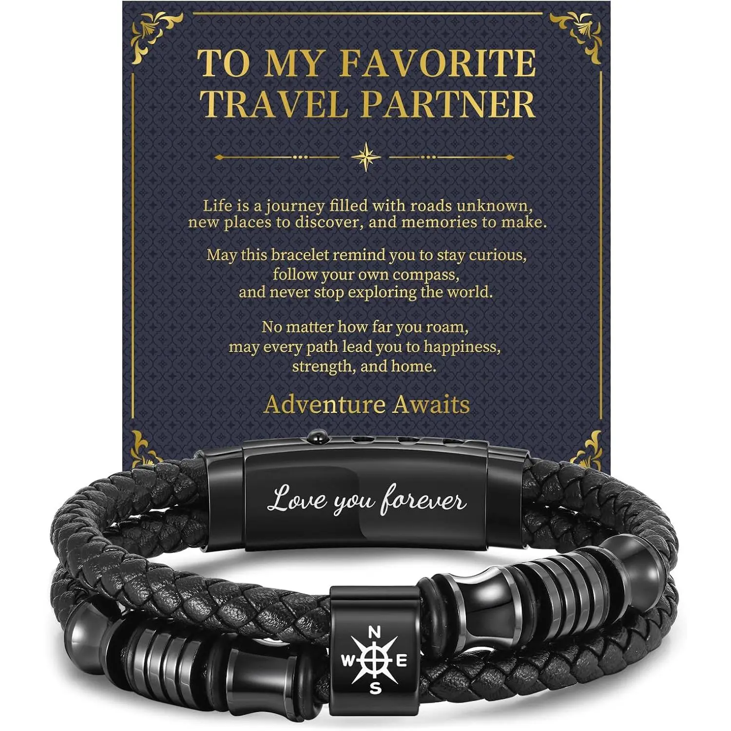 Compass Leather Bracelets for Men - Double-Row Black Braided Bracelet with Travel Partner Card, Birthday Christmas Adventure Gifts for Him Husband Boyfriend Dad Son Brother Grandpa Travel Coworker