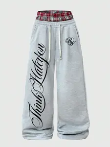 American Retro Think Hatcylon Script Sweatpants, Dual Waistband Lazy Wide Leg Sports Pants, Comfortable and Stylish Athletic Wear