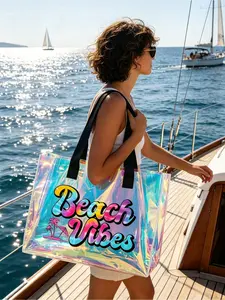 Large Capacity Clear Jelly Tote Bag with Wave Beach Print + Matching Zipper Mini Pouch, Laser Iridescent Beach Handbag, Waterproof & Stain Resistant, Stores Swimsuits, Towels & Cosmetics, Perfect for Seaside Trips, Pool Parties and Picnics
