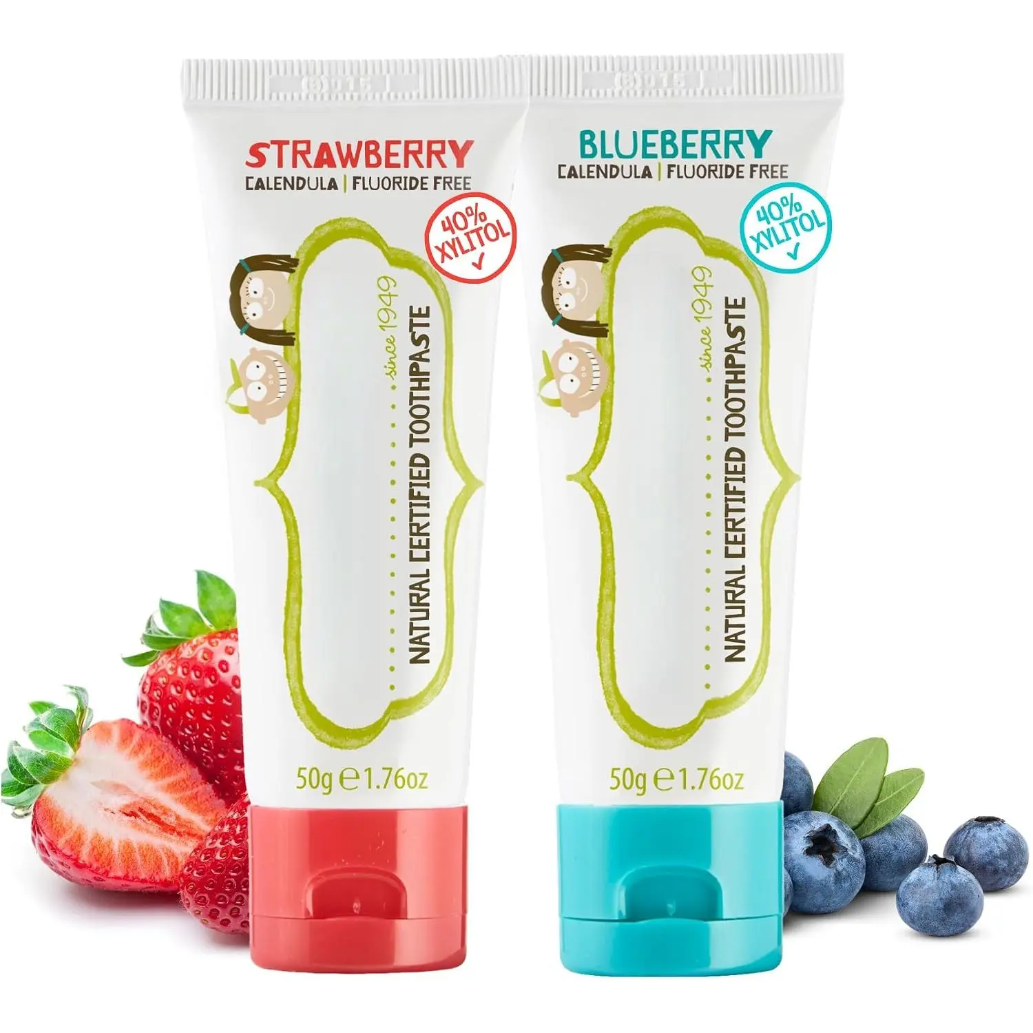 Natural Kids Toothpaste - Blueberry & Strawberry - Organic, Gluten Free, Vegan, BPA Free, Fluoride Free, SLS Free, Dairy Free - Making Toothbrushing Fun for Kids - 1.76 oz (Pack of 2)| Fluoride Free Kids & Toddlers Toothpaste, Gently Cleans Teeth, Helps S