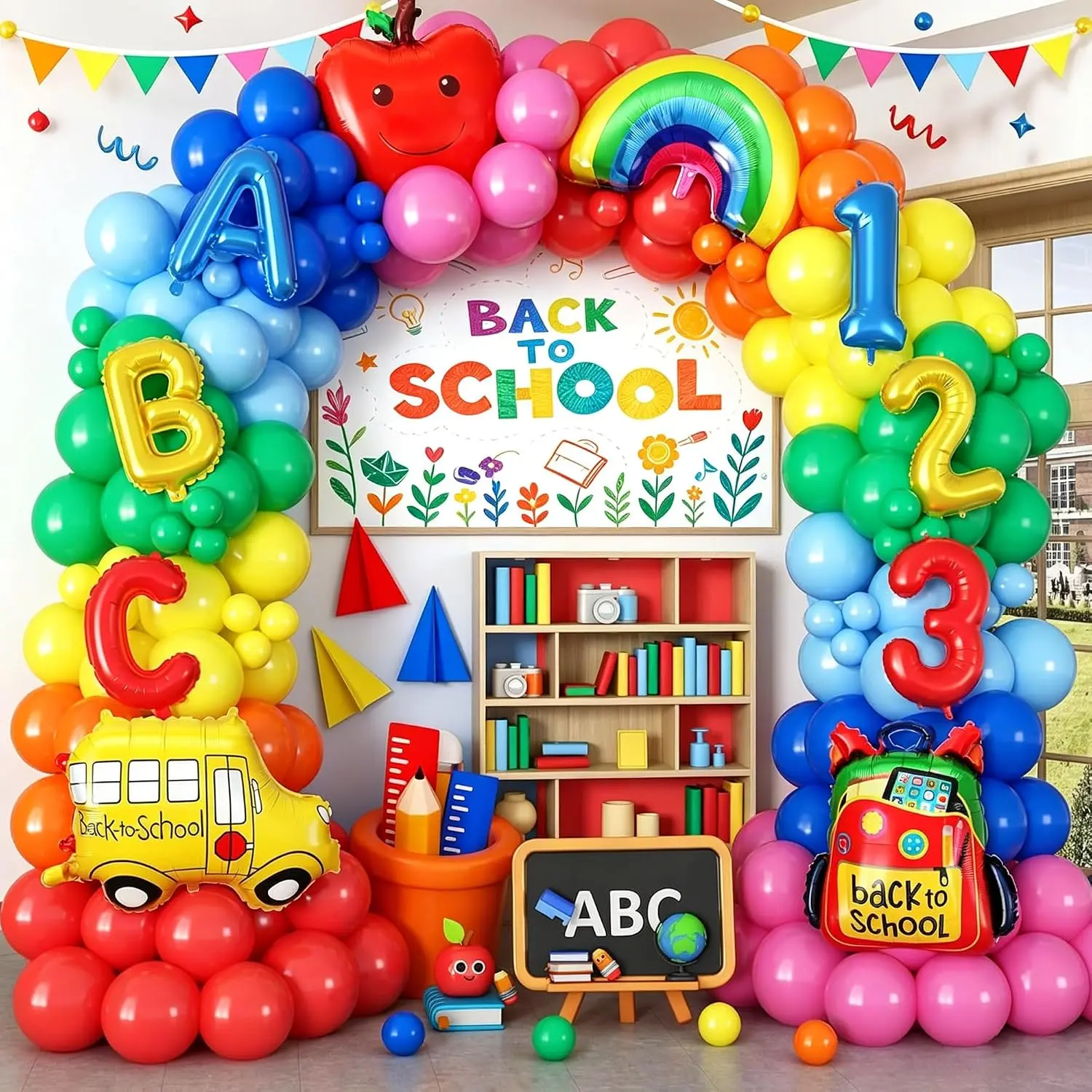 155-Piece Back to School Balloon Arch Kit – Includes School Bus, Backpack, Rainbow, Apple, ABC & 123 Foil Balloons for Welcome Back, First Day & Kindergarten Graduation