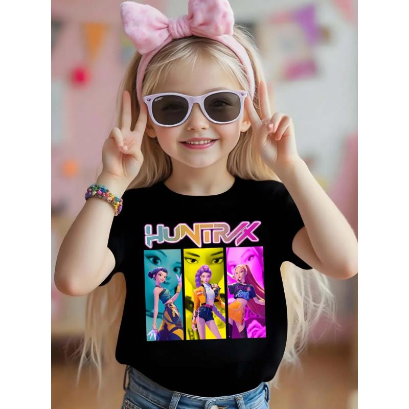 Kpop Hunter Girl Group Cool Girls Portrait Print Short Sleeve Funny Graphic Tee, Comfortable Soft Fabric, Casual Sportswear for Girls, Perfect Gift
