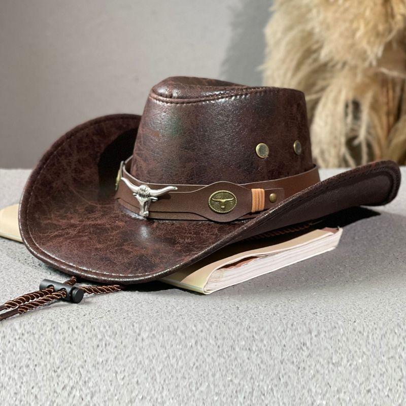 1PC This Jazz Hat  Its Unique Texture Design  Features A Distinctive Bull Head Belt with Riveted.Instantly Catches The Eye And
