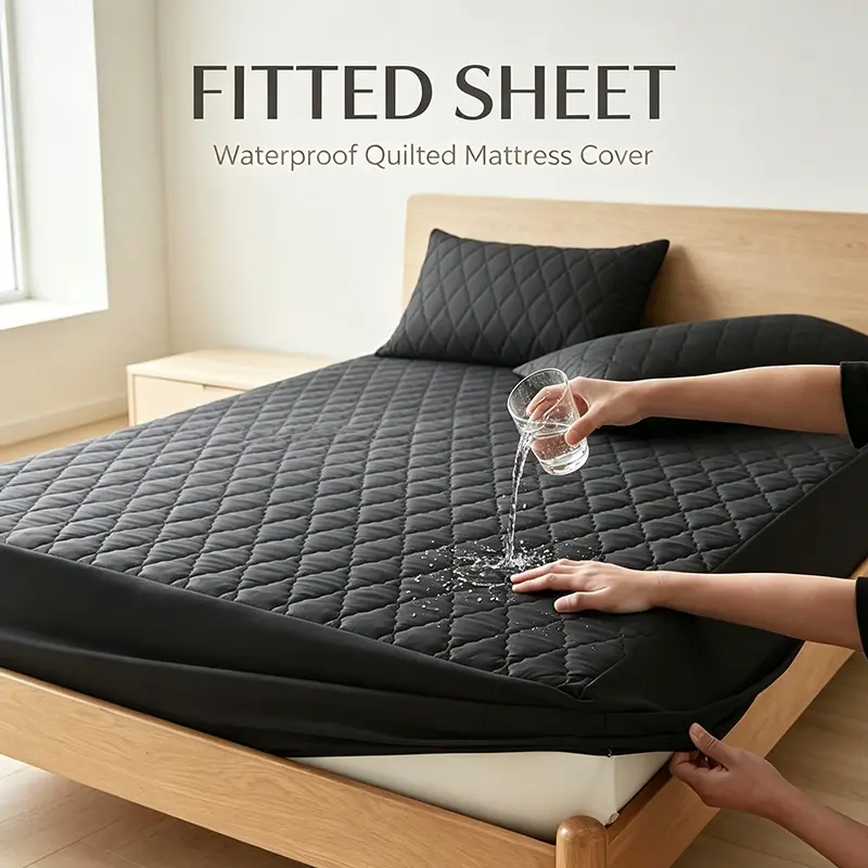 Waterproof Quilted Fitted Sheet, Liquid Barrier Stain Resistant Mattress Cover, All-Around Elastic Deep Pocket Stretch Fabric for Single Queen King Bed Bedroom Daily Protection