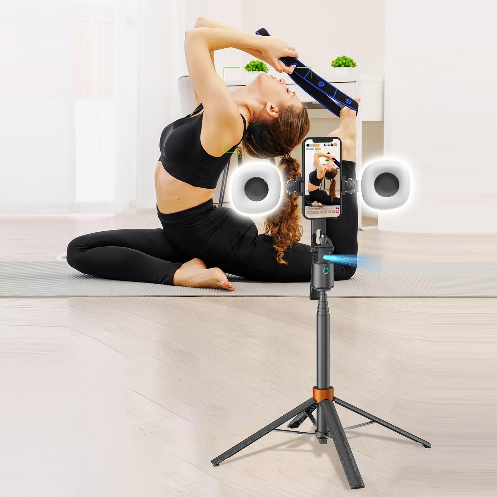 360&deg; Rotatable Adjustable Selfie Stick Tripod, Rechargeable Smart Face Tracking Tripod with 2 Fill Lights, Auto Face Tracking Phone Holder for Vlog, Live Streaming, Remote Tripod