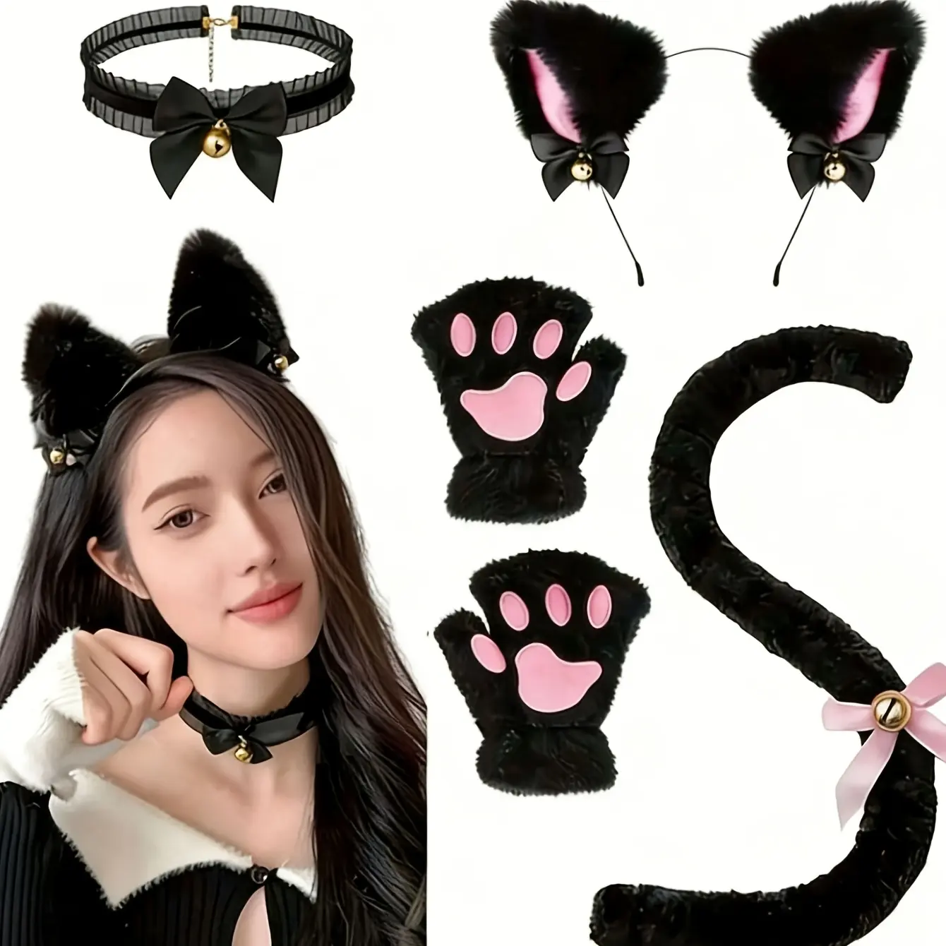 Women's Sexy 4-Piece Kemonomimi Costume Set - Black Bunny Ear Headband, Choker, Cat Ear Headband, Collar, Cat Paw Gloves, Tail, Stage Performance, Party Photography Outfit Clothes, 4-Piece Black Set (Bunny Ear Headband + Choker + C