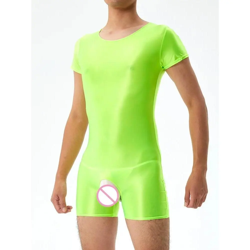 Men's Crotchless Bodysuit Stain Oil Shiny Tights Sheer See Through Yoga Shaping Leotard Elastic Sexy Exotic Tops Candy Color