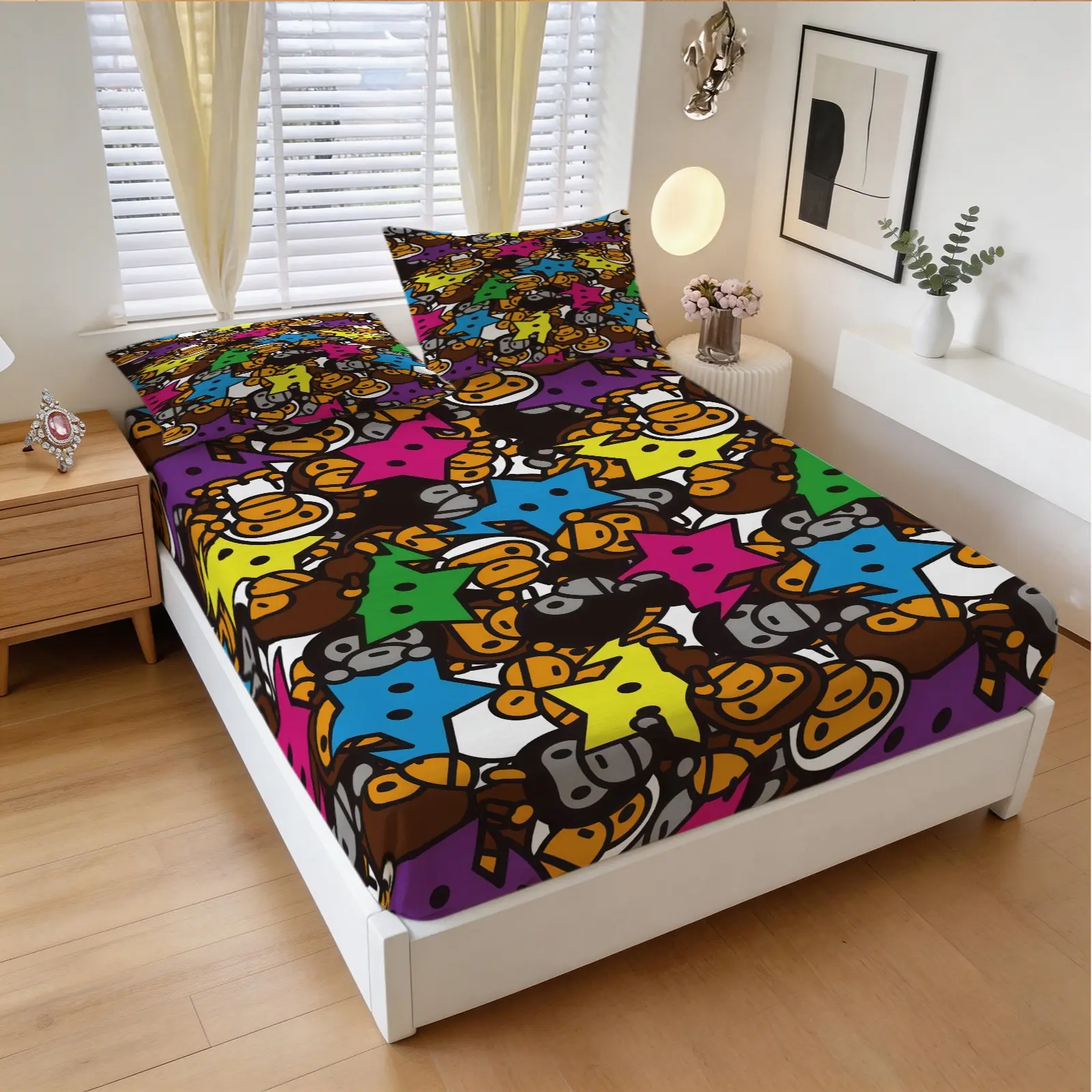 3-Piece Camouflage Ape Head Pattern Fitted Sheet Set, Including 1 Flat Sheet And 2 Pillowcases, Soft And Comfortable Bedding, Non-Slip Dust Cover, Suitable For Bedrooms And Guest Rooms