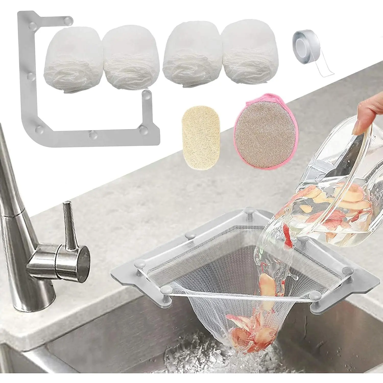 Kitchen Sink Triangle Tri-Holder Filter, Sink Drain Strainer, with Triangular Gray Rack and 200PCS Large Filtering Mesh Bags for Kitchen Leftover