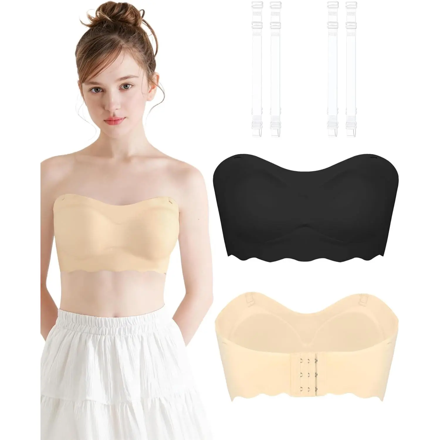Teen Strapless Bandeau Bra for Girls 10-12 12-14 14-16 | Wireless Bralette with Adjustable Clear Straps & Removable Padded