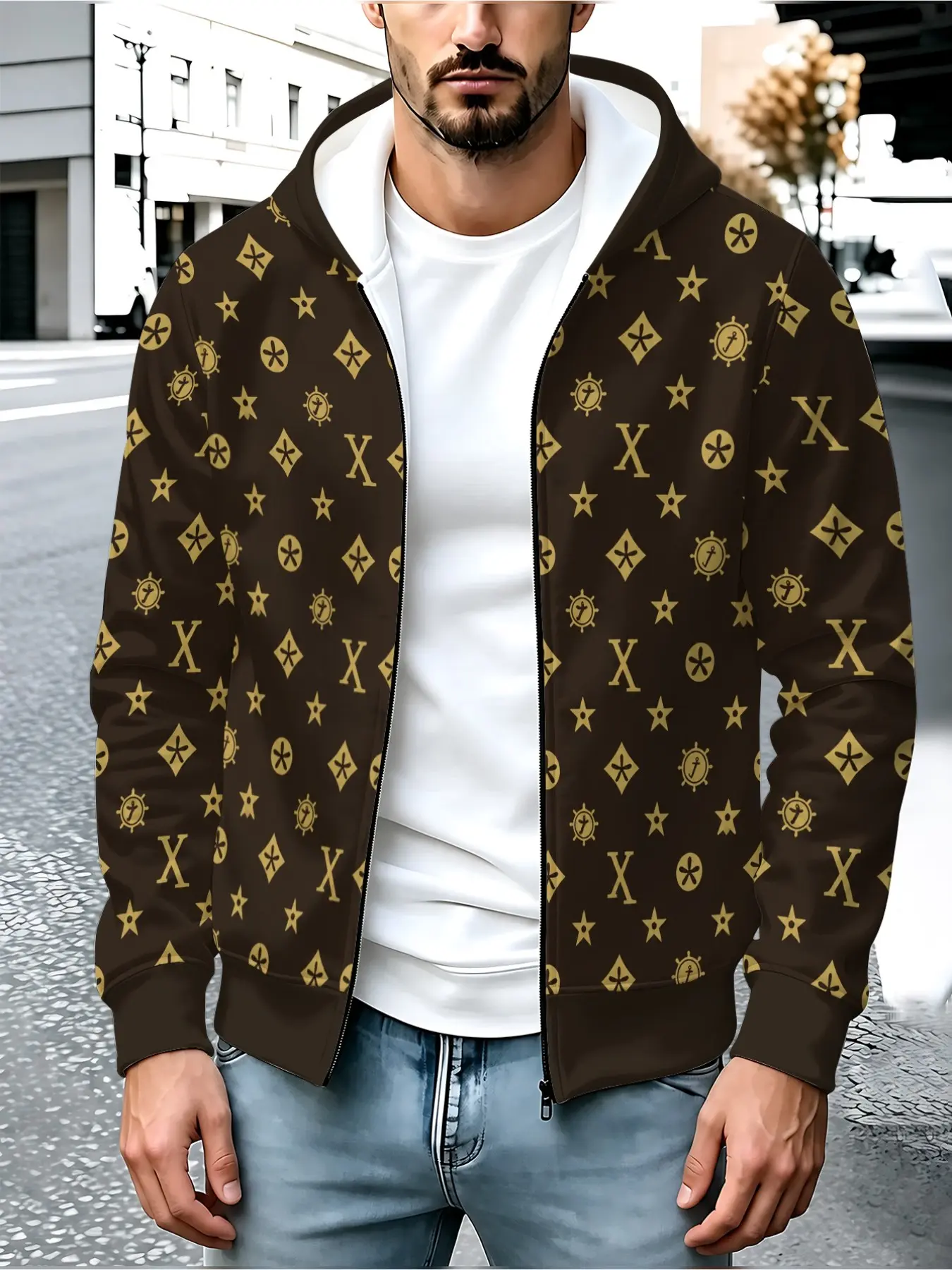 Men's Vintage Geometric Print Zipper Hoodie, Base Street Style Jacket, Casual Loose Fit, Breathable Fabric, Spring Fall