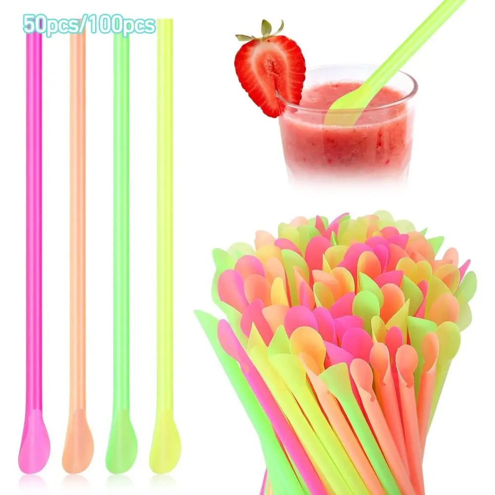 50pcs/100pcs Disposable Spoon Straw, Disposable Utensils, Colorful Ice Cream Scoop Straws for Smoothies, Beverages, Cocktails, Flexible Plastic Drinking Straws, Party Supply