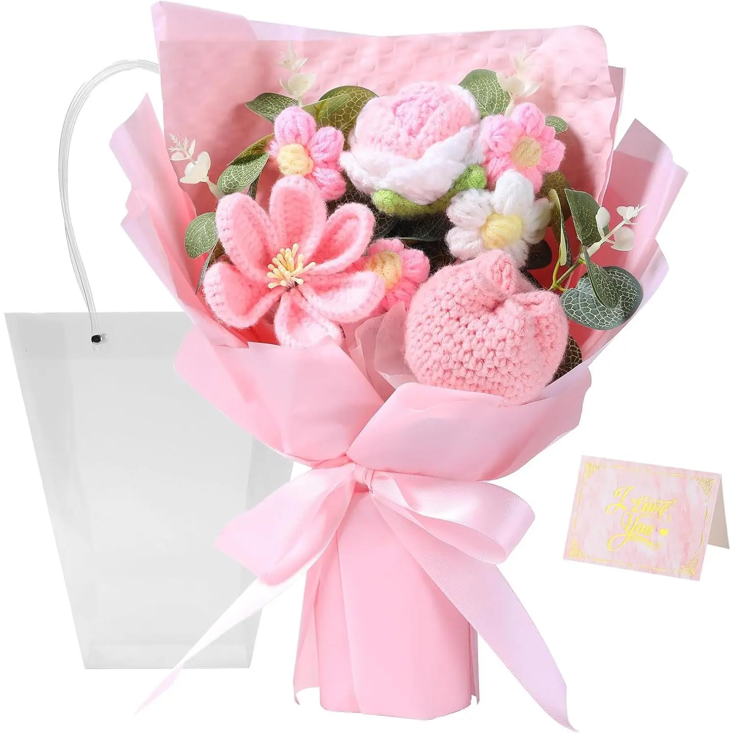 ‌Hand Bouquet Flowers that Never Wilt Home  Birthday Gift Wedding Decoration Valentine's Day Mother's Day Graduation Gift with Included Card (Pink)