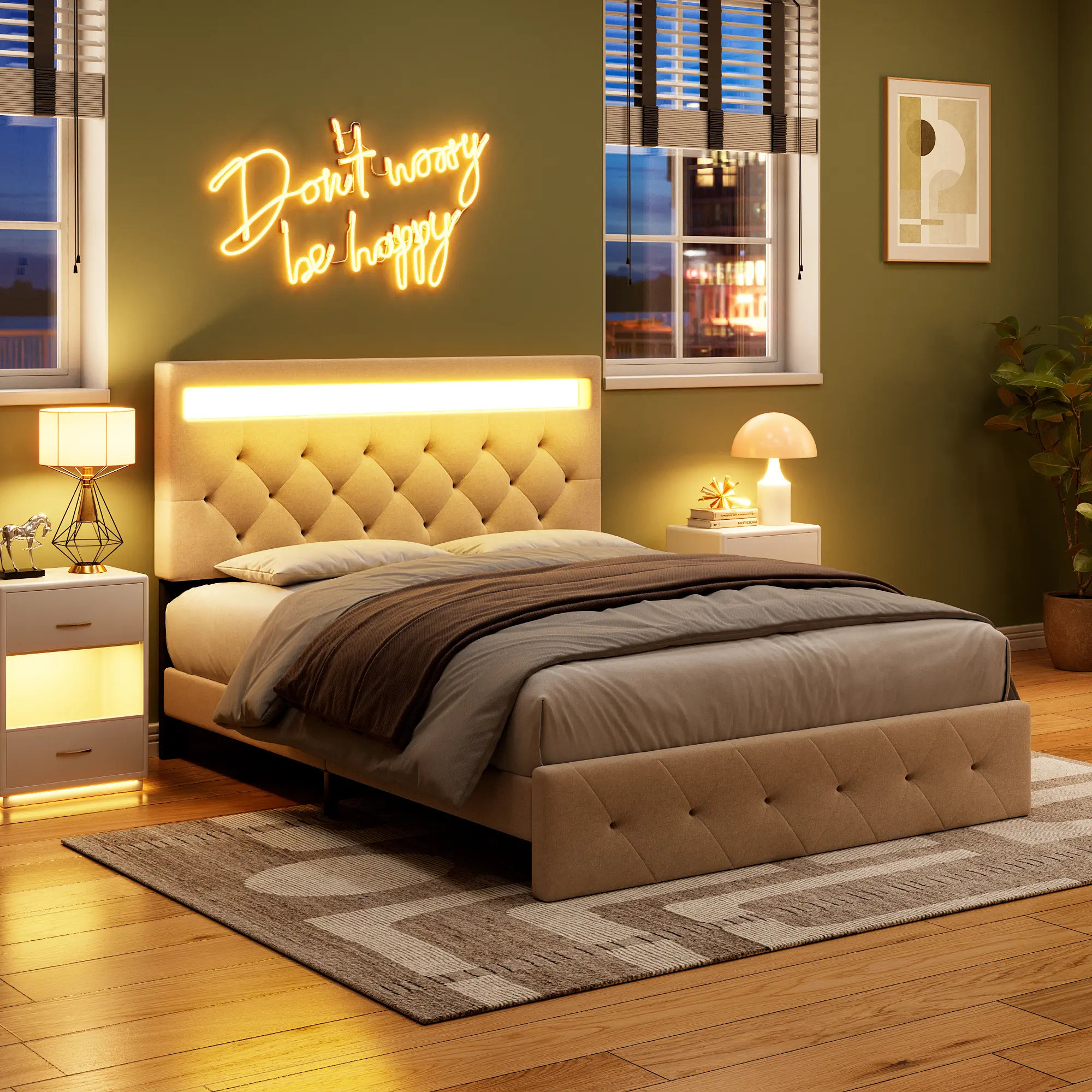 Garvee Adjustable LED Headboard Bed Frame – Upholstered Platform with Charging Station, Heavy Duty Wood Slats, No Box Spring Needed, Easy Assembly
