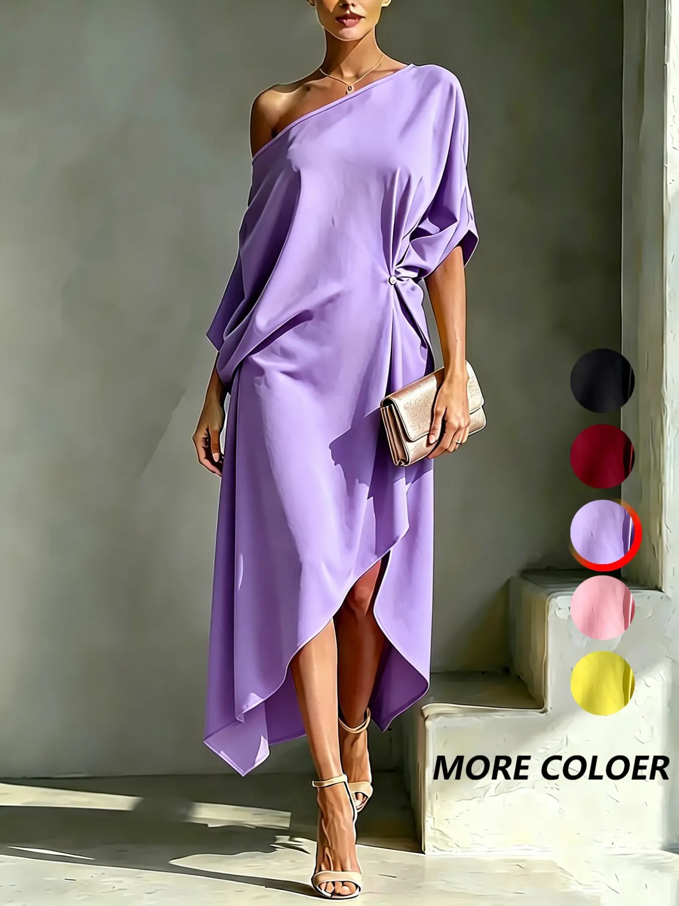 Elegant Simple One-Shoulder Asymmetrical Midi Dress, Solid, Slim Fit Evening Gown, Evening Party Dresses, Chic Casual Wear, Perfect for Special Occasions