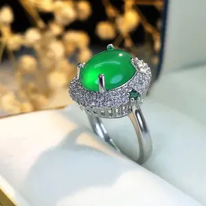 Literary Vintage Inlaid Chrysoprase Malay Simulated-jade Cabochon Imitation Gemstones Ring Micro-set Zircon Jewelry