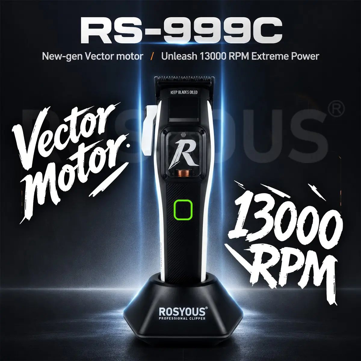 ROSYOUS RS-999C Professional Hair Clipper for Men 13000RPM Magnetic Vector Motor with Base Charger Full Metal Barber Machines