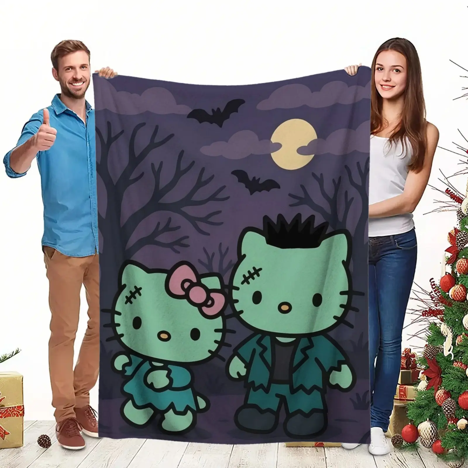 Frankenstein Couple Hello Kitty Halloween Vertical Poster Flannel Throw Blanket Sanrio Cute Cartoon Warm Blanket Gift Girls Fans Collectors All Ages