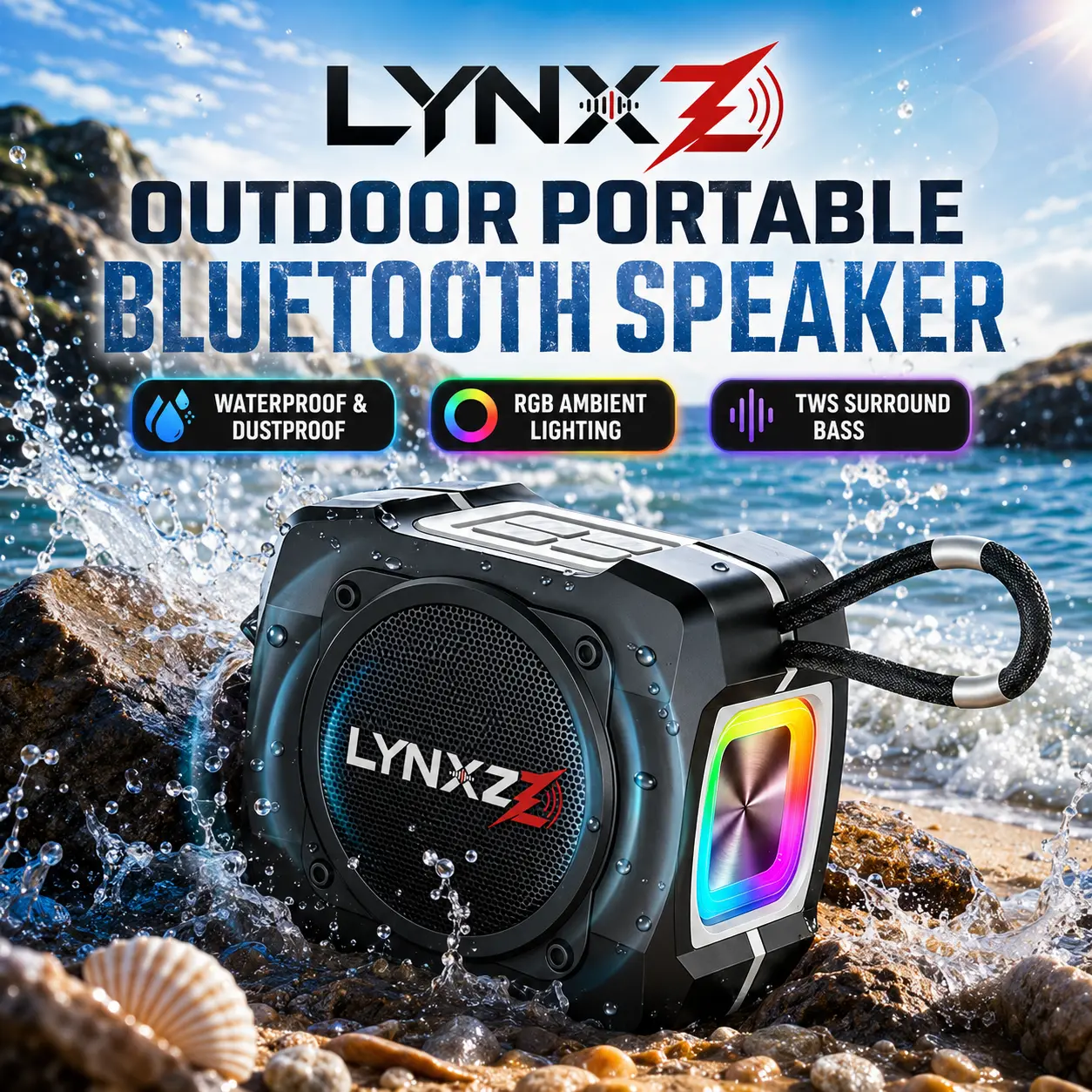 LYNXZ IPX7 Waterproof Portable Mini Compact Wireless Bluetooth 5.3 Speaker - Handy, Shockproof, Dustproof Audio Device with RGB Lights, Dual Driver Bass, Lanyard, Charging, Bike/Beach Use (No Cable, Phone/Tablet Connection Compatibility)