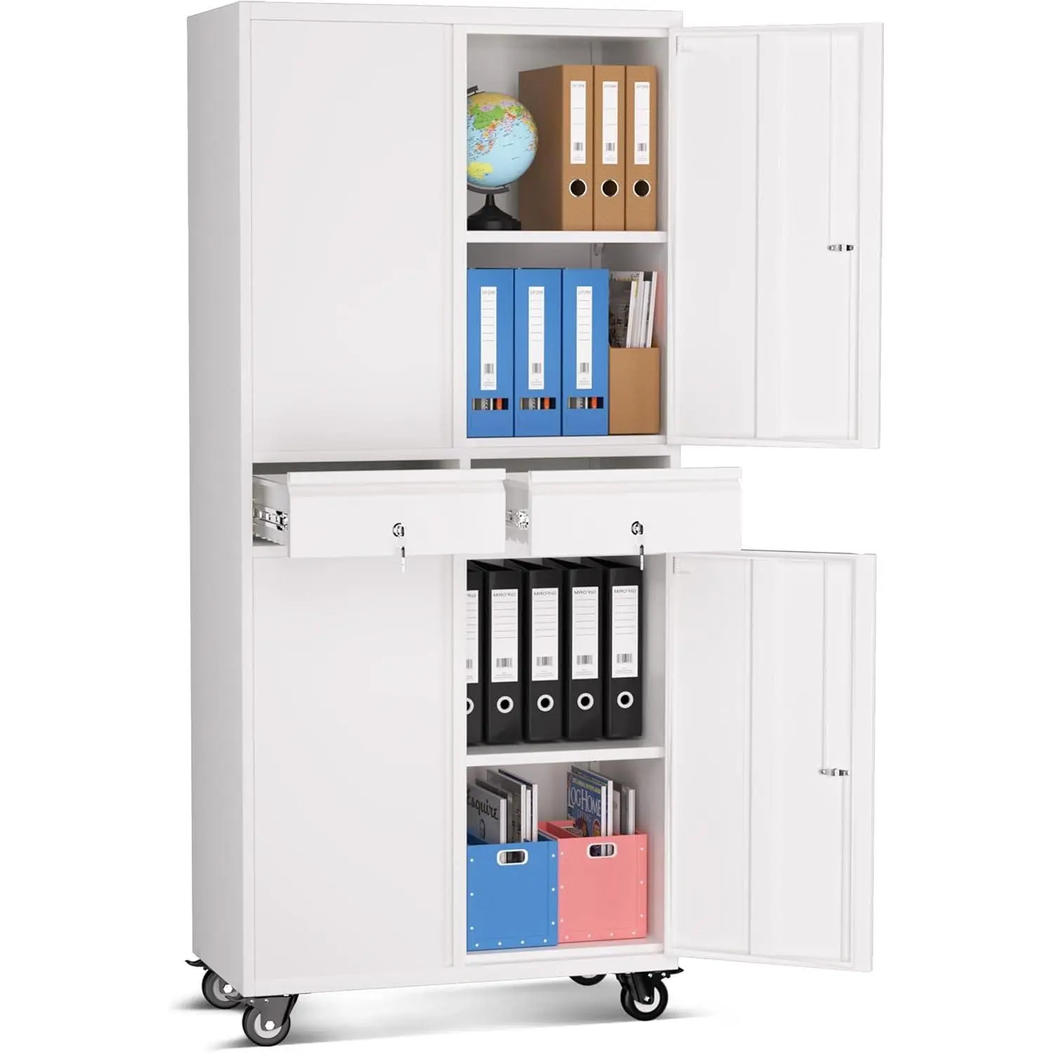 Gaomon 73in Tall Heavy-Duty Rolling Steel Storage Cabinet, Lockable Locker with Wheels, 4 Doors, Adjustable Shelves, Garage Office Organizer, White, Lockable Wheels