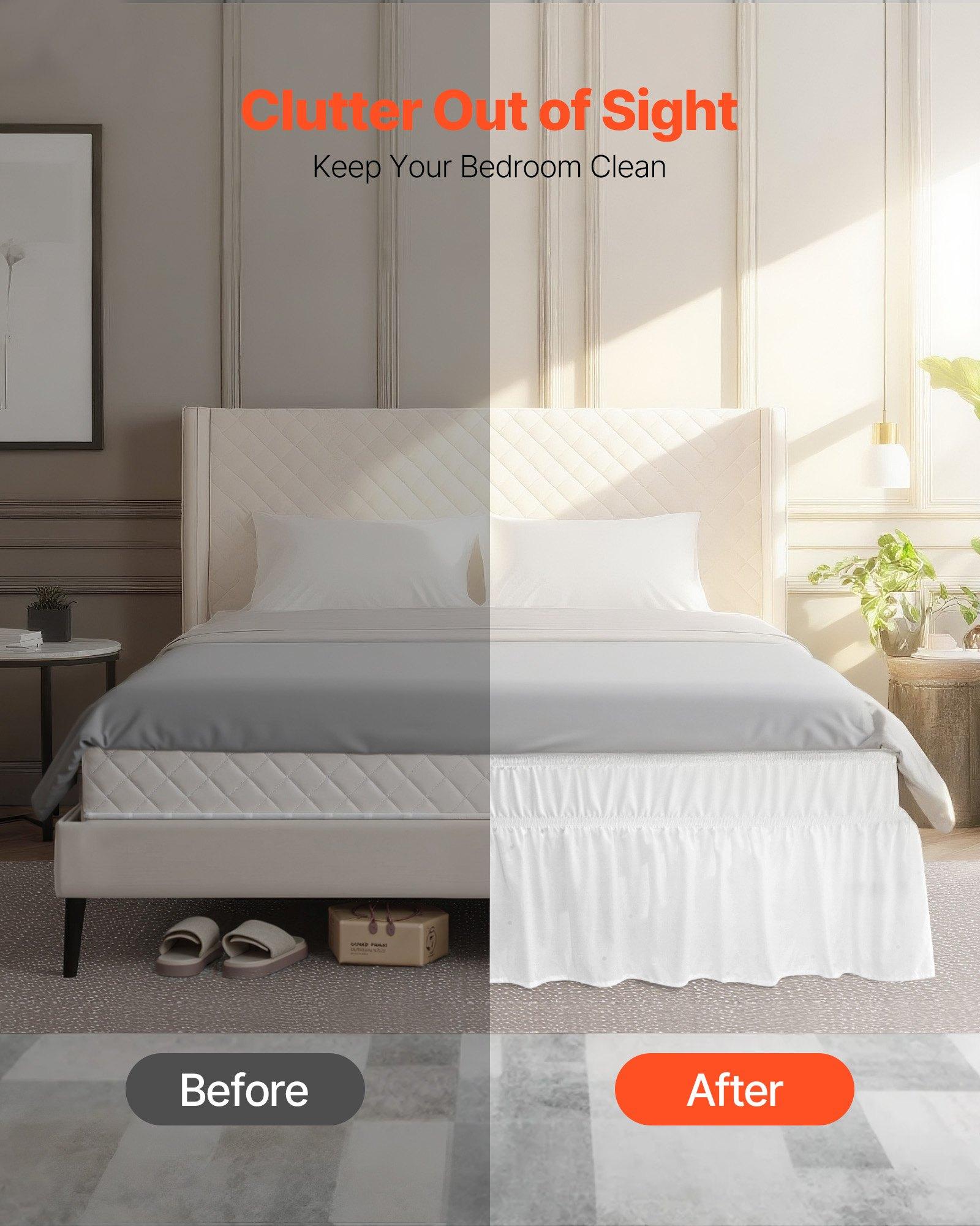 VEVOR Wrap Around Bed Skirt, 15 in Drop, White Dust Ruffle Queen Size, Three Sides Adjustable Bedskirt with Easy Fit Elastic Strap, Wrinkle-Free & Fade-Resistant, Machine Washable, for Queen Size Bed