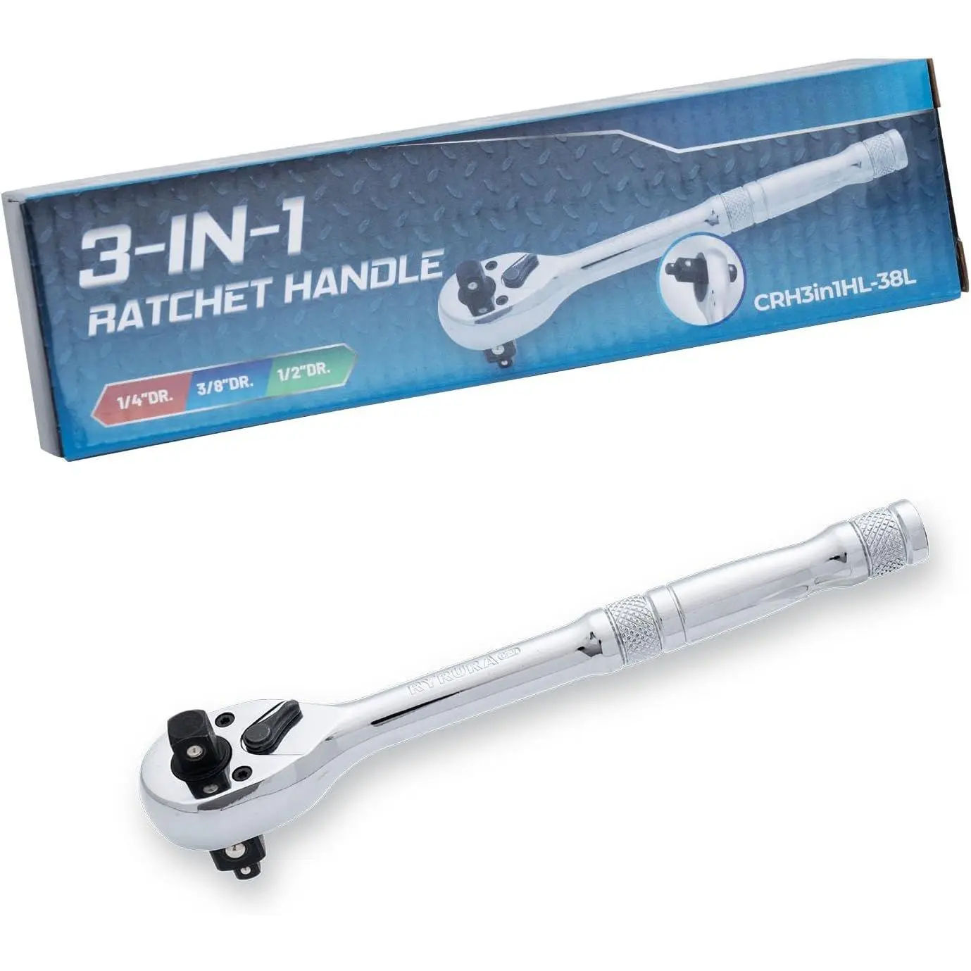 3-IN-1 Ratchet Handle,1/4",3/8",1/2" Drive Ratchet Wrench,72- Reversible ,Full-Polished Chrome ,Chromium Vanadium Steel,3/8 Pole
