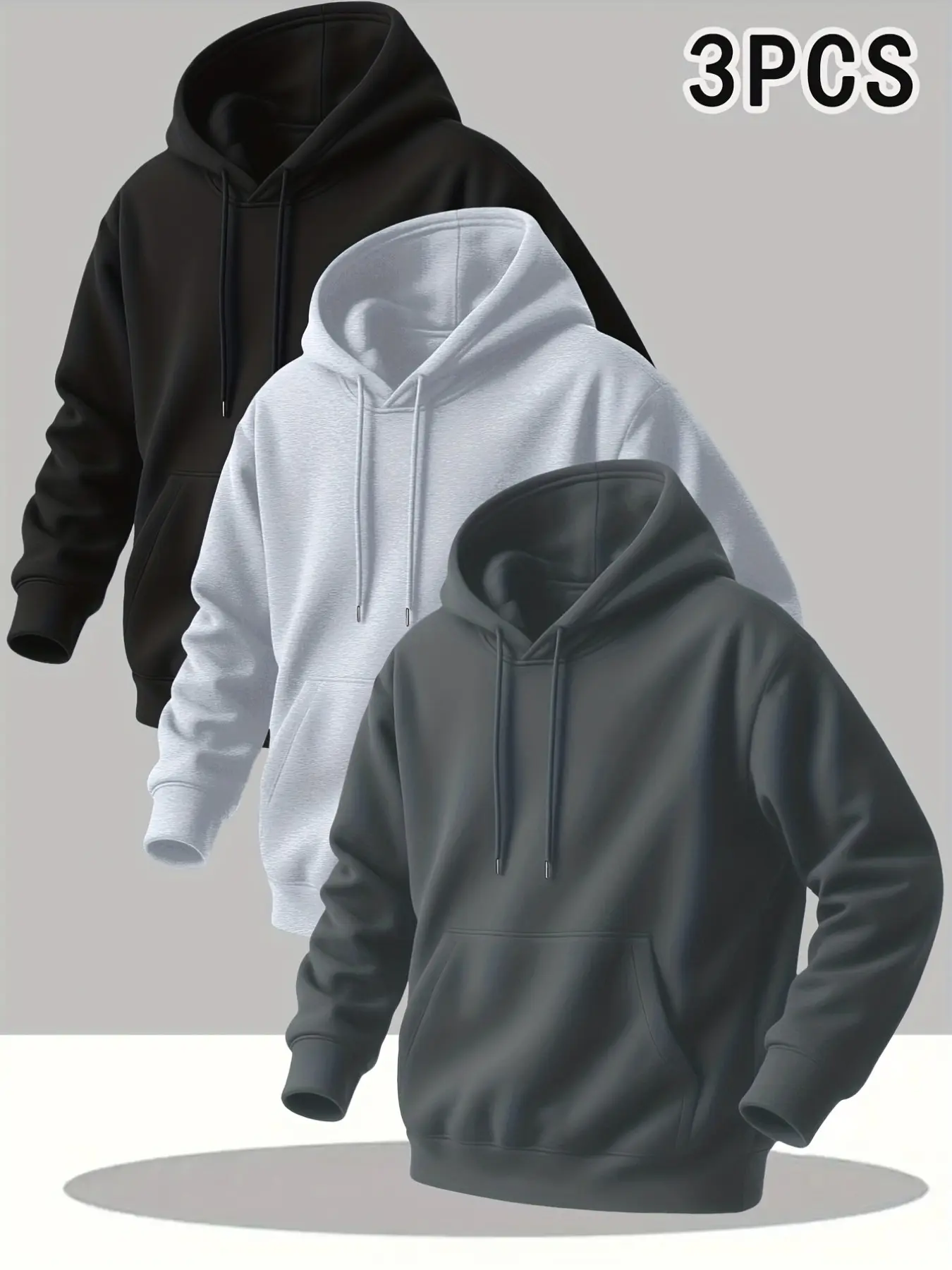 3-Pack Men's Cozy Solid Fleece Lined Long Sleeve Hoodie, Kangaroo Pocket Design, Breathable Fabric, Ideal for Outdoor Activities, Perfect Gift