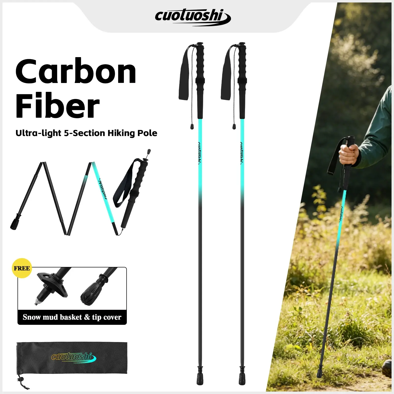 Carbon Fiber Hiking Stick, Five-Section Foldable Nordic Walking Pole, High-Strength Carbon Fiber Trekking Staff, Lightweight and Durable
