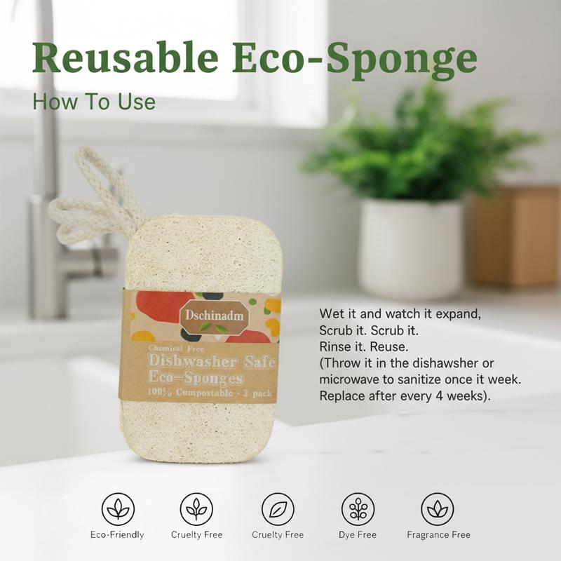 3-Pack Natural Luffa Cleaning Sponges | 100% Organic, Compostable & Non-Scratch | Plant-Based Scrubber for Dishes & Vegetables, 4.4x2.8 Inches