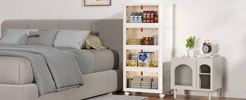 4-Tier Stackable Plastic Storage Bins Organizer, 93 Qt Total Capacity, Foldable Storage Boxes with Lids & Wheels, Translucent Front Door for Bedroom, Living Room, Office