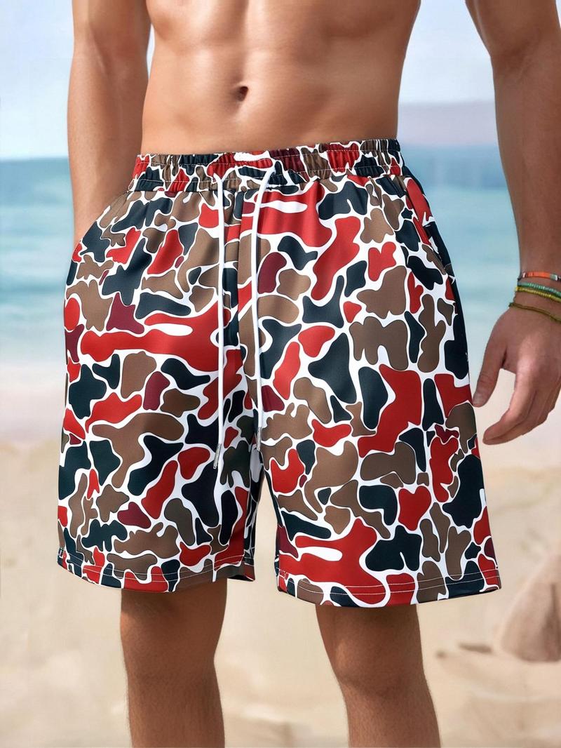Men's Regular Fit Camo Print Drawstring Waist Beach Shorts, Camo Swim Trunks, Casual Comfy Breathable Swim Shorts for Summer, Men's Shorts for Beach Vacation