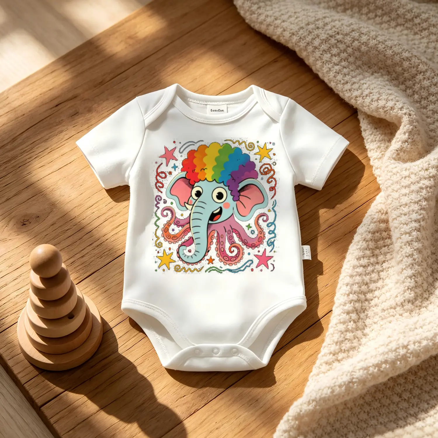 Whimsical Elephant Octopus Print Baby Onesie, Soft Cotton Short Sleeve Bodysuit for Newborn Essentials and Fun Baby Shower Gift