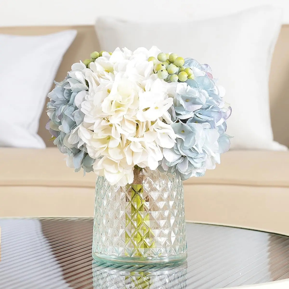 Silk Hydrangea Artificial Flowers with Glass Vase, Realistic Faux Blue Hydrangea Bouquet for Wedding Bridal Shower, Blessing Gift, Home DecorGift