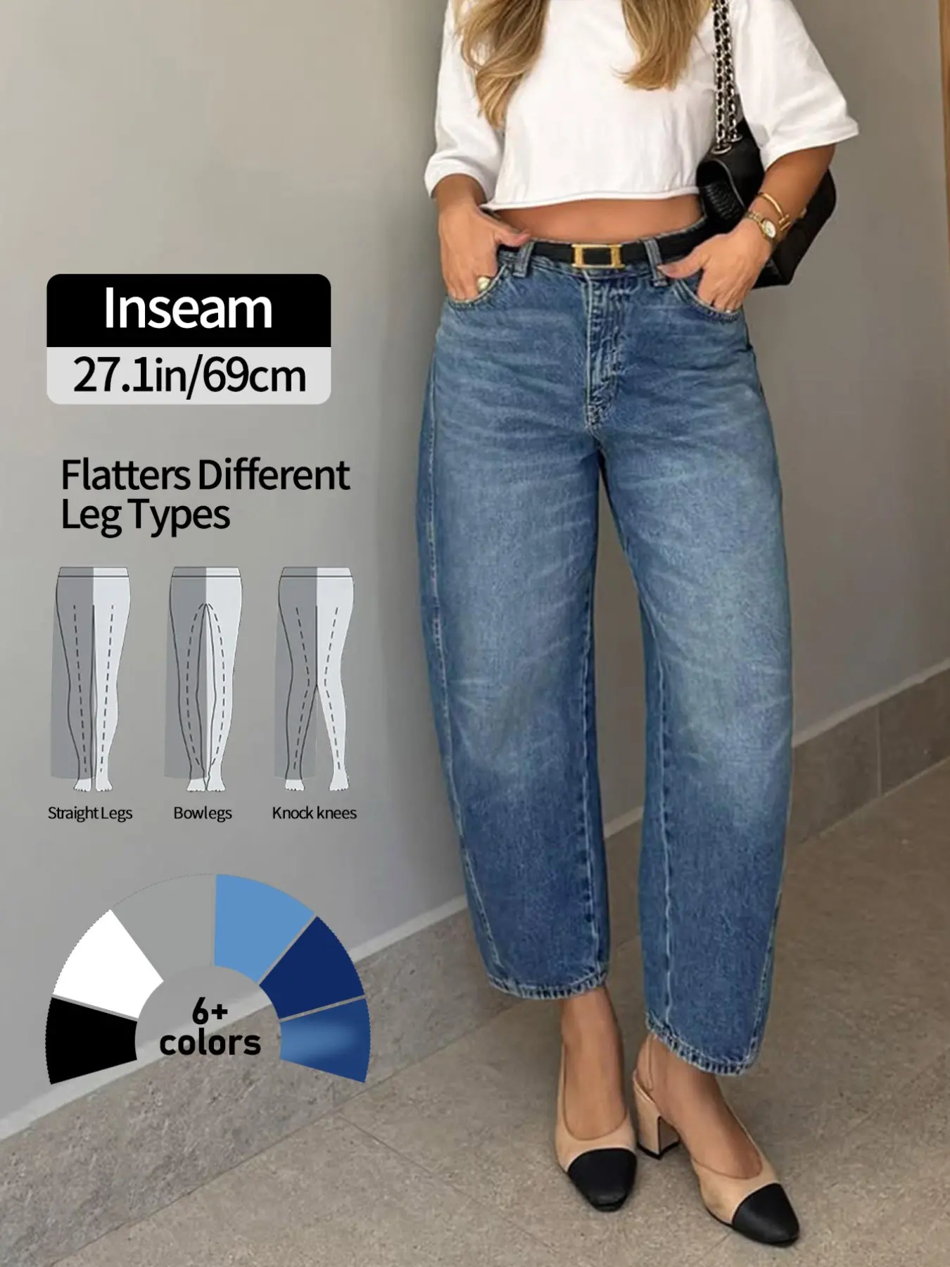 NVFelix Blue Barrel Jeans for Women, Casual Baggy Loose Fit Conical Pants, Elegant Four-Season Denim, Button Fly, Ankle Length, Natural Waist