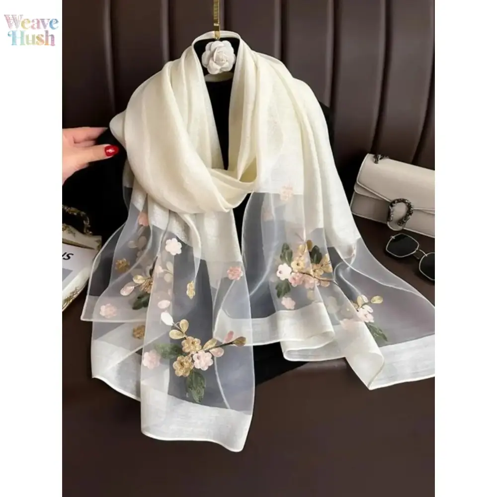 Women's Elegant Floral Embroidered Silk Scarf - Female Bohemian Print Wrap Shawl, Beaded Sun Protection Beach Accessory, Windproof Travel Wear for Daily Outfits