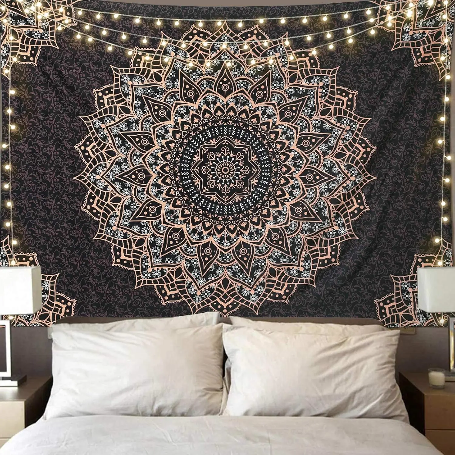 Dark Gray Lightweight Polyester Tapestry - Subtle Floral Texture, Rose Gold Mandala, Geometric Accents, Lace Trim - Vintage Boho Spiritual Hanging Decoration for Yoga Room, Window Curtain, Ideal Gift