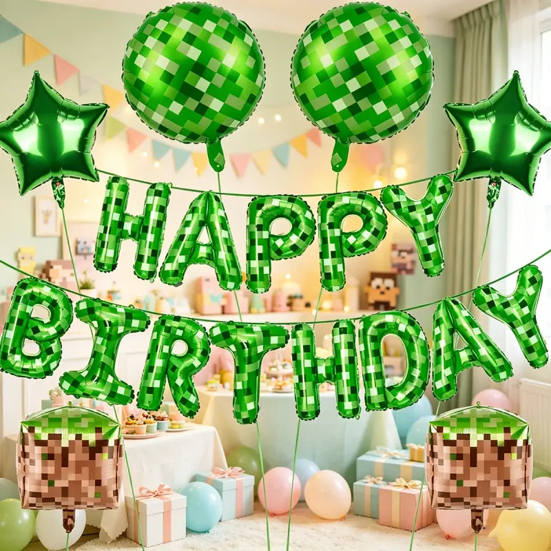 19-piece green pixel-themed birthday celebration banner decoration set, including pixel balloons, essential theme party supplies, and pixel backdrop, suitable for birthday decorations and indoor/outdoor celebration decorations